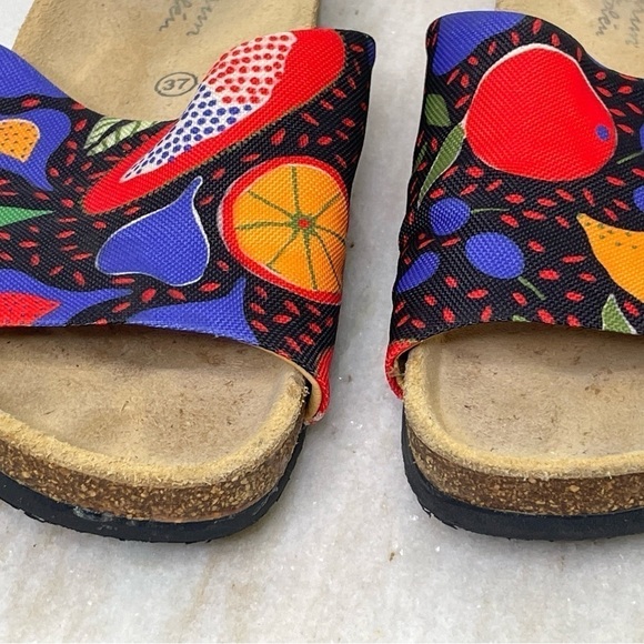 Gudrun Sjoden sandals slides fruit print sz EU 37 or 7 cork bottom Swedish - Picture 2 of 7